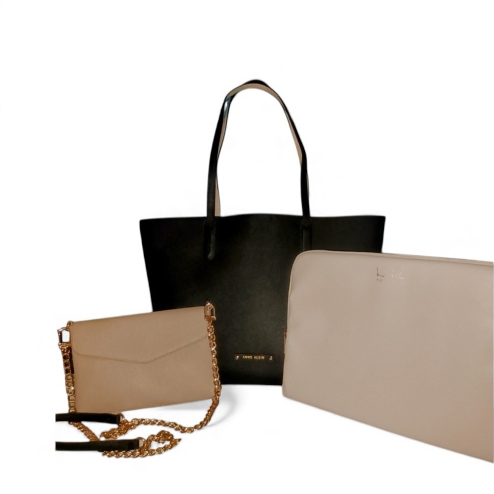 Anne Klein Black and Cream Tote Bag Crossbody Bag Tablet Cover Set NWOT